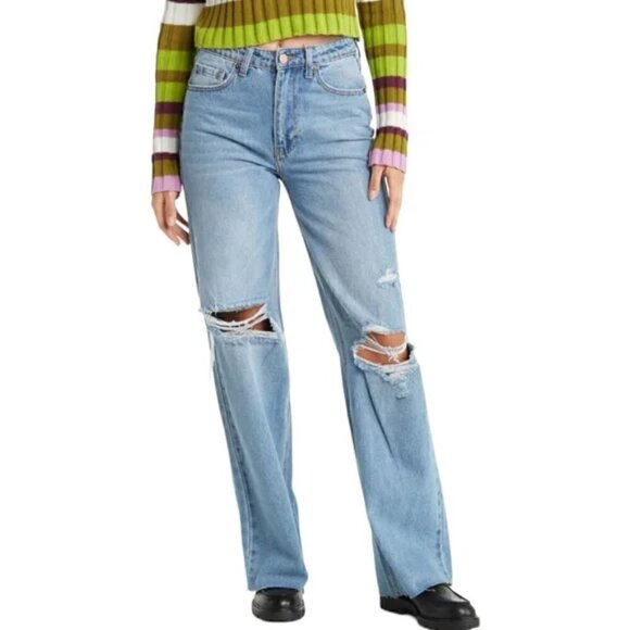 BP Nordstrom High Waist Distressed Wide Leg Non Stretch Denim Jeans Size 27 - Picture 1 of 6